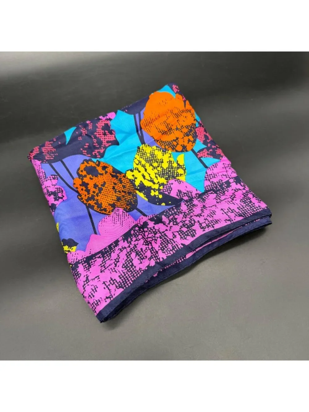 Silk Scarf Japan Pop Art Tulip Floral 1980s Vintage Purple Navy Neon Flowers